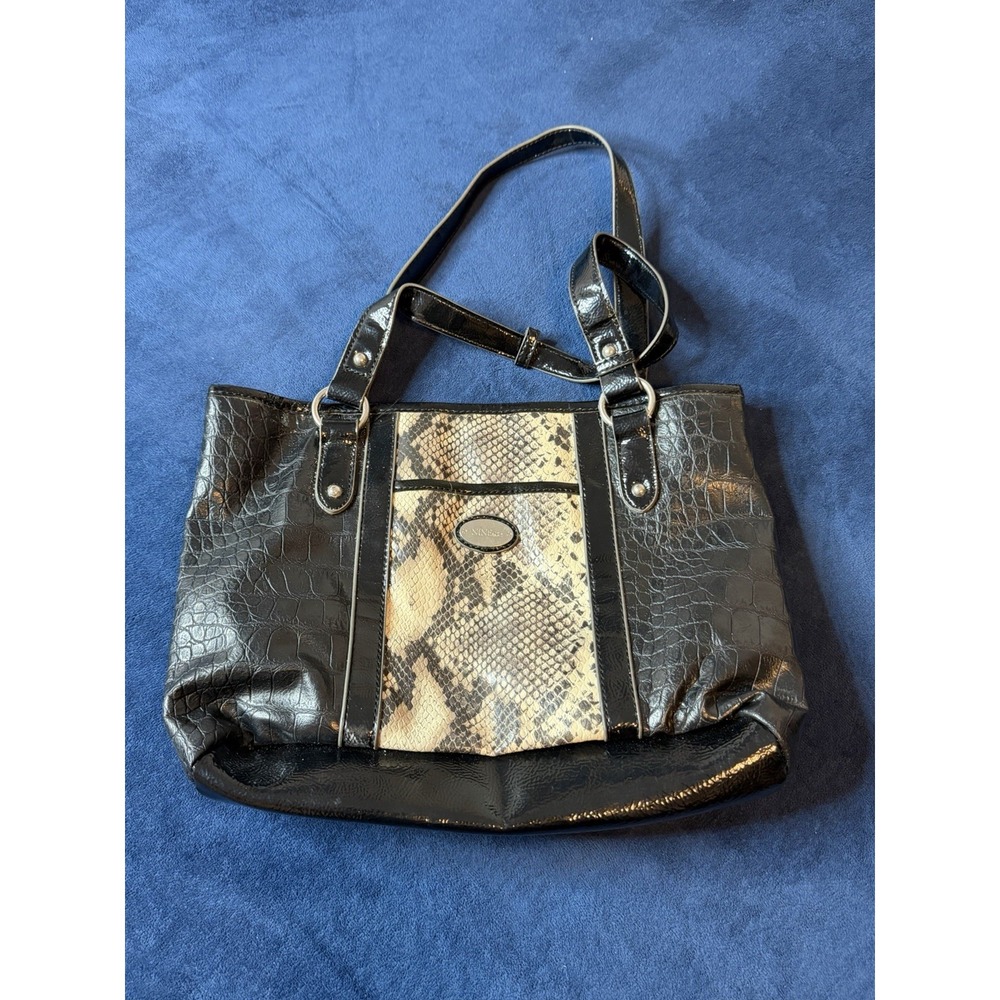 Vtg Nine & Co Black Faux Leather Alligator Snake Print Shoulder Bag Purse
